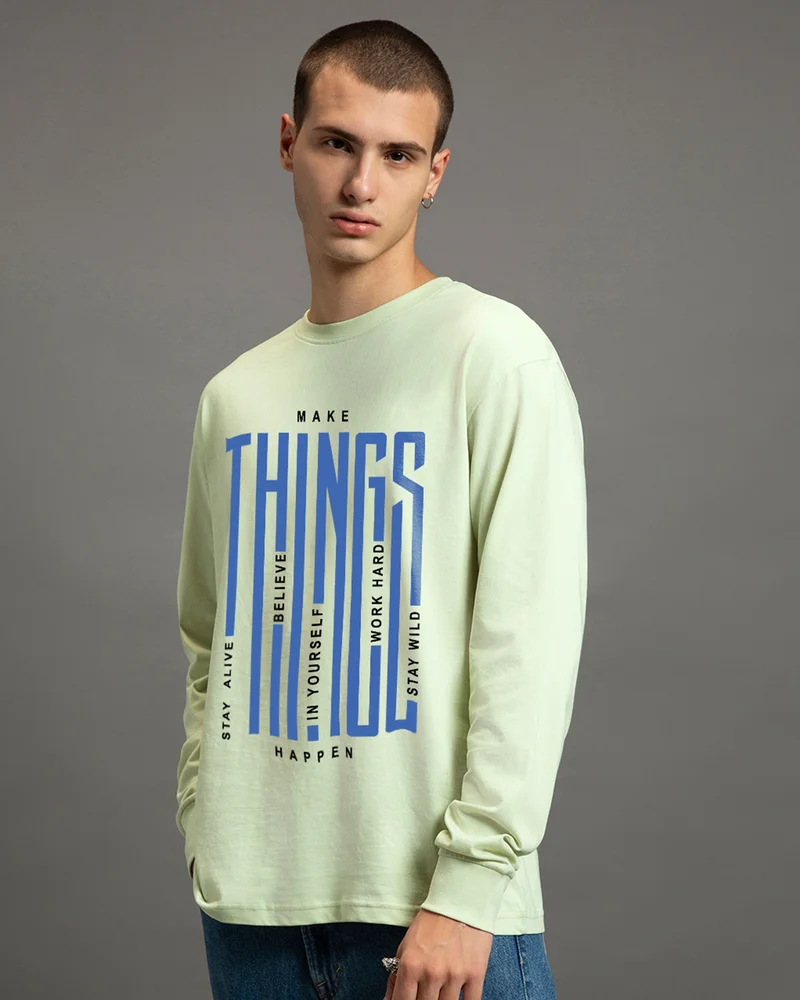 بيواكوف Men's Green Things Typography Oversized T-shirt